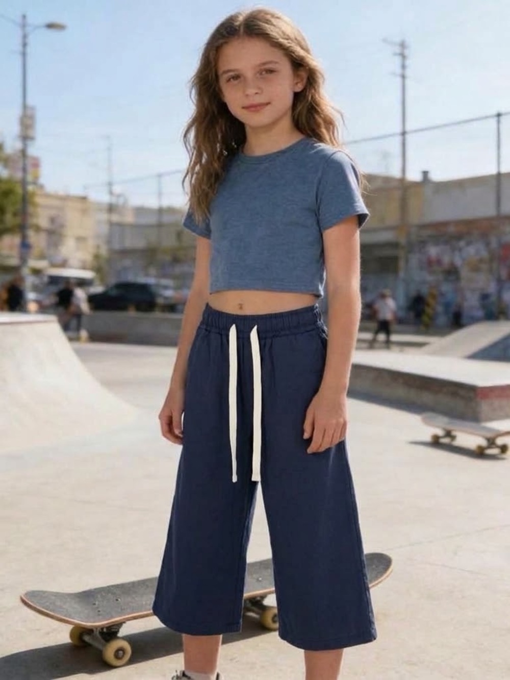 Set of 2 Navy Blue Cropped Wide Leg Culottes Drawstring Casual Skater, size 8-9Y